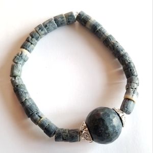 Handmade blue coral bracelet stretchy beaded silver tone boho gemstone